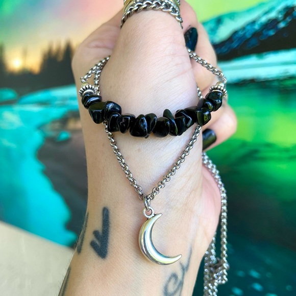 Necklace Double layer onyx & moon + earrings set - Picture 2 of 9